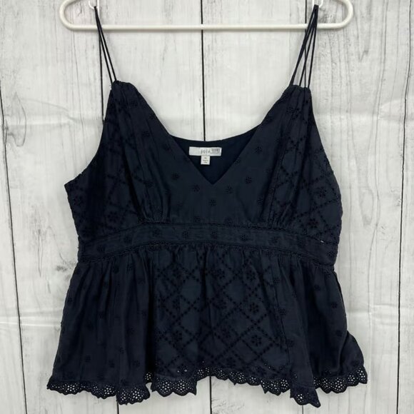 Joie XL Chani Womens Navy Blue Floral Silk Blend Eyelet Strappy Crop Top - Picture 2 of 7